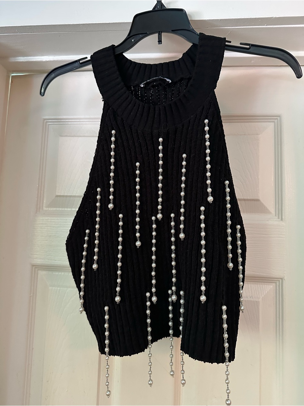 Zara Black Rib-Knit Halter Top with Pearl Strands